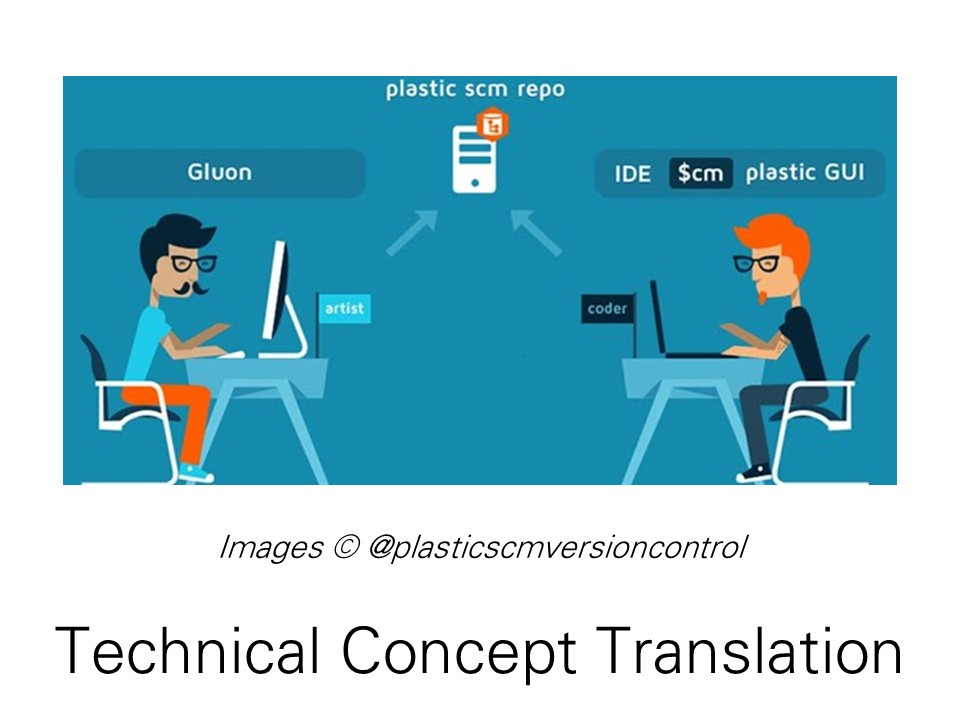 Image of a non-Developer and a Developer both using Source Control, representing the training performed to educate Instructional Designers on GUI-based source control practices. Image © @plasticscmversioncontrol.
